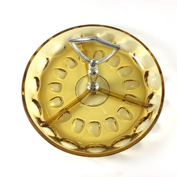MCM Amber Glass Divided Dish with Handle 8 Inches Across Thumbprint - Picture 5 of 6